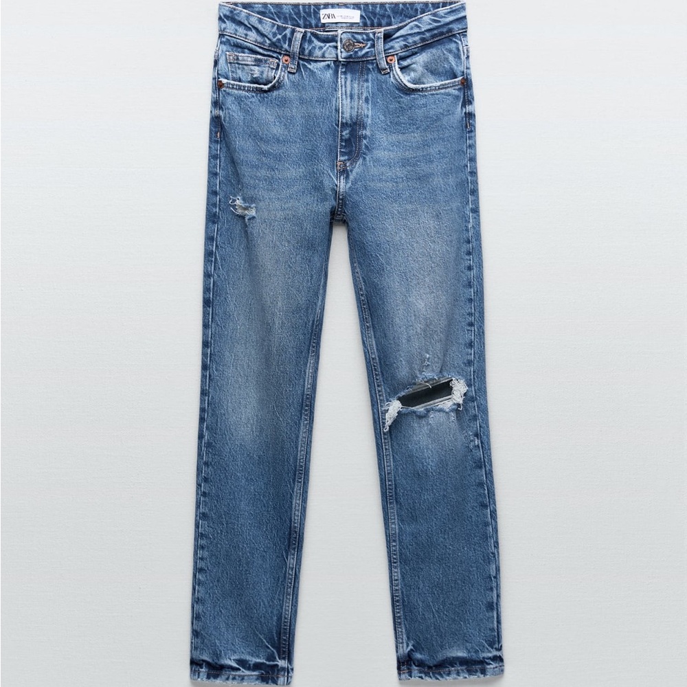 Zara Jeans Slim Rotos Marino distressed straight leg